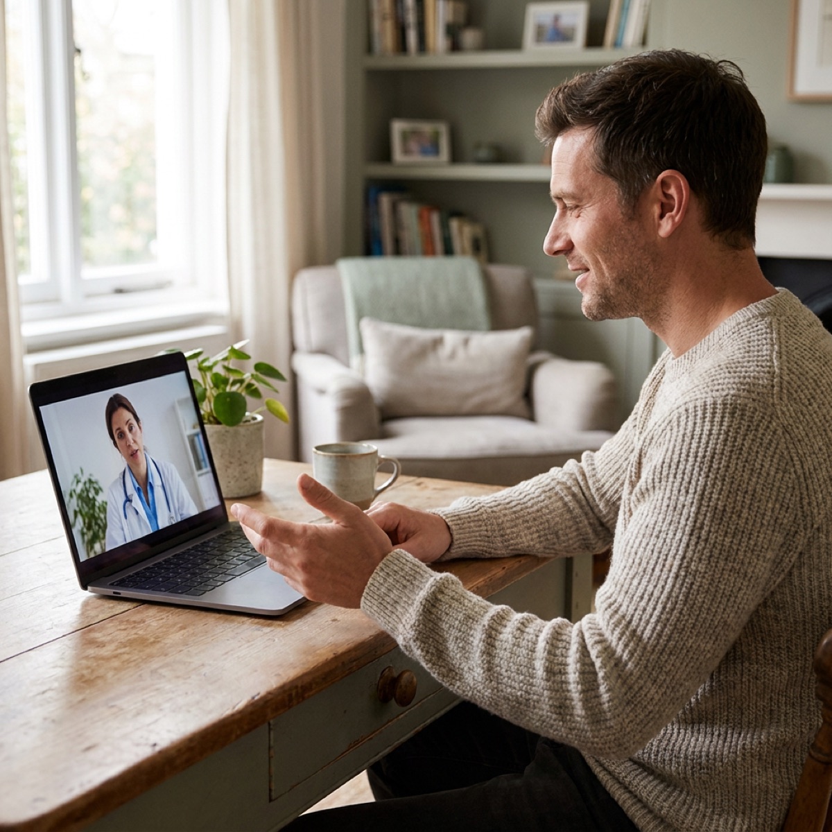 A man speaking with an On Call MD clinician on a laptop video visit